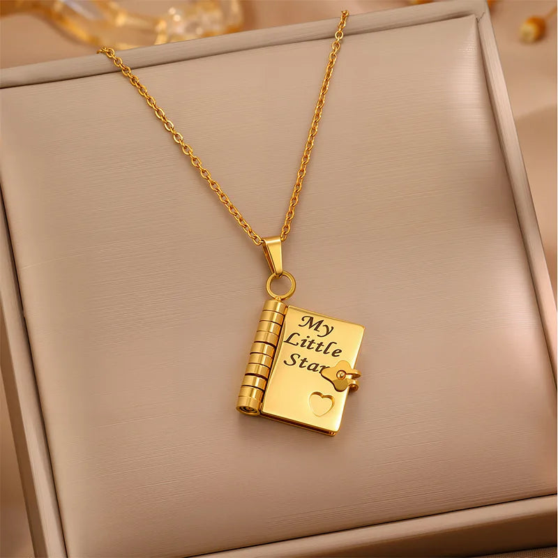 Gold book pendant necklace engraved My Little Star